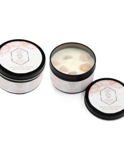 Rose Quartz Crystals in 8cm Rose Eucalyptus Tin Candle