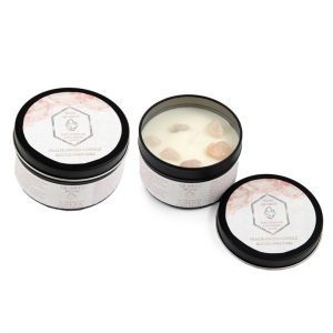Rose Quartz Crystals in 8cm Rose Eucalyptus Tin Candle