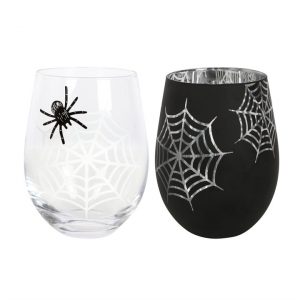 Spider and Web Set of 2 Stemless Wine Glasses