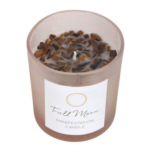 Tigers Eye Chips in Full Moon Eucalyptus Manifestation Candle