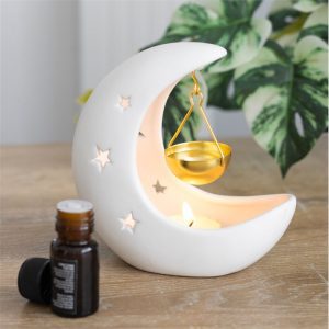 Crescent Moon White Hanging Ceramic Oil Burner with Gold Metal Dish