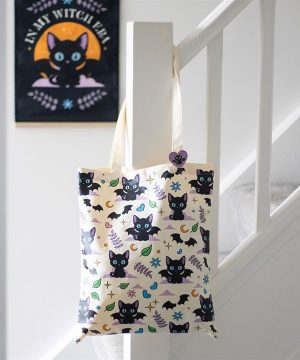 Cute and Creepy Cat Print Polycotton Tote Bag with Enamel Pin