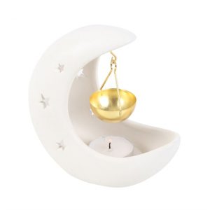 Crescent Moon White Hanging Ceramic Oil Burner with Gold Metal Dish