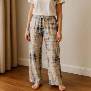 Hand-Painted Nomad Sari On the Med Collection - Lounge Pants - Gold & Blue Greek Motiff - M/L